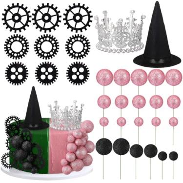 Imagem de Sureio 32 peças de artigos de festa com tema de bruxa, balões rosa e verdes, palitos de decoração de bolo, coroa de prata, chapéu de bruxa, decoração de engrenagem preta para festa de aniversário de