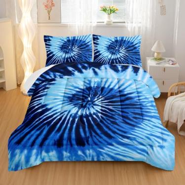Imagem de Nttopship Conjunto de edredom azul tie-dye, solteiro, arte moderna abstrata, para o seu quarto, grafite macio, leve, acolchoado, todas as estações, edredom e 2 fronhas
