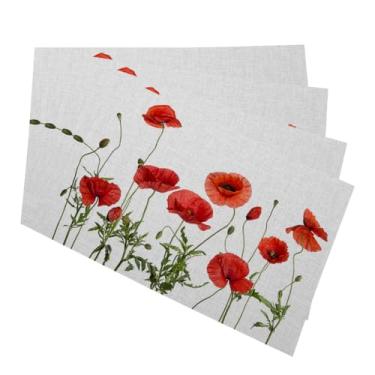 Imagem de Y YIHANGBEST Jogo americano de mesa de jantar com papoulas vermelhas, floral, folhas verdes, sementes, flores, roupa de cama limpável, almofadas de mesa para ambientes internos, protetores de mesa