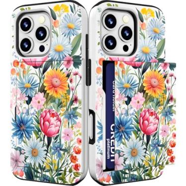Imagem de IWONE Capa compatível com iPhone 13 Pro Max com suporte para cartão, capa feminina à prova de choque com proteção contra quedas - flores azuis rosa selvagem