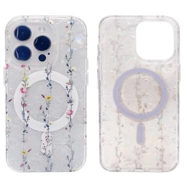 Imagem de Capa magnética para iPhone 14 Pro 6,1 polegadas compatível com MagSafe carregamento TPU macio capa protetora fofa à prova de choque para iPhone 14 Pro com protetor de tela (flores silvestres pérolas)