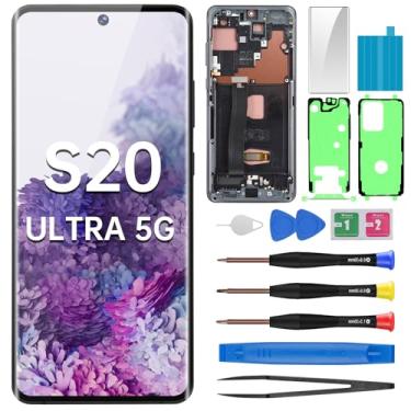 Imagem de BESJMYT Tela de substituição AMOLED para Samsung Galaxy S20 Ultra 5G OLED Display Touch digitalizador conjunto completo com moldura preta cósmica e botão lateral kit de ferramentas de reparo de vidro