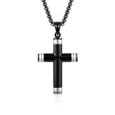 Imagem de FLHEART Colar de cruz de aço inoxidável para homens, corrente de colar de Jesus com pingente de cruz de ouro preto, não mancha, resistente para homens, joias cristãs, presentes para ele, confirmação