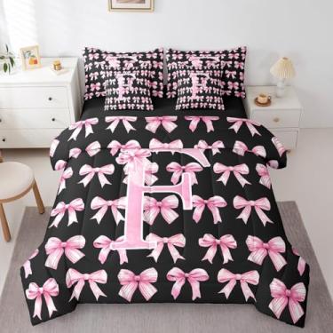 Imagem de Conjunto de cama solteiro com letra F com letra F em 3D, rosa e preto, para mamãe/irmã, conjunto de edredom com monograma de fantasia de sonho (F)