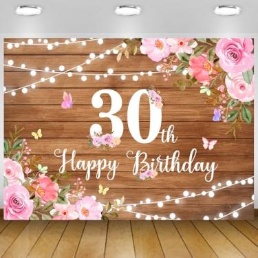 Imagem de Pano de fundo de aniversário de 30 anos rústico de madeira feliz aniversário rosa floral 30 anos decoração de festa fotografia banner suprimentos 18 x 1,5 m