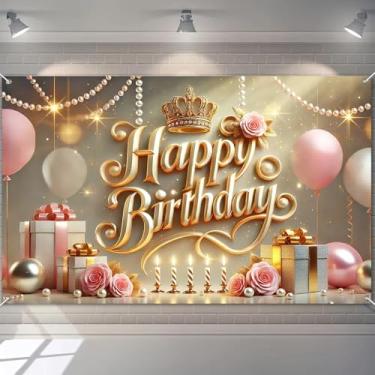 Imagem de BlissYard Elegante faixa de feliz aniversário ouro rosa 188 x 109 cm coroa rosa pérola pano de fundo para festa de aniversário para mulheres meninas tema princesa celebração decoração de parede fundo