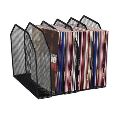 Imagem de Yomjarl Suporte de armazenamento de discos de vinil, prateleiras de armazenamento de CD de DVD, suporte de exibição de disco removível de 5 seções, suporte de álbum de CD, pasta de arquivos vertical