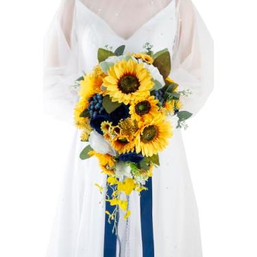 Imagem de Floinla Buquês de casamento em cascata de 30,5 cm para noiva, azul real e girassol amarelo para casamento, flores artificiais de seda