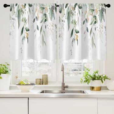 Imagem de Conjuntos de cortinas de cozinha de folha de eucalipto para janelas sobre a pia, casa de fazenda, folhas verdes sálvia, cortina curta para janela pequena de banheiro, primavera, verão, meia camada de