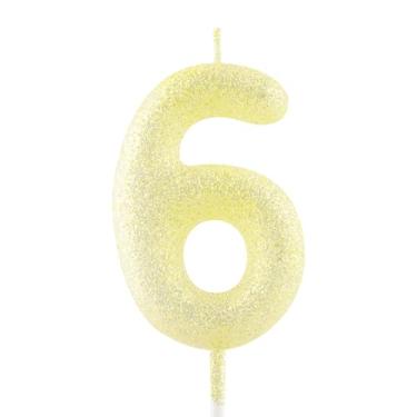 Imagem de Vela de aniversário de 6 anos com glitter amarelo dourado número 6 velas luminosas para decoração de bolo para meninas, meninos, mulheres, comemorações, artigos de festa
