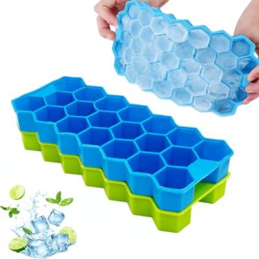 Imagem de 2 bandejas para cubos de gelo em forma de favo de mel com tampa, pequenas bandejas de gelo para freezer, 40 formas de silicone, molde reutilizável para cubos de gelo para bebidas, café, uísque