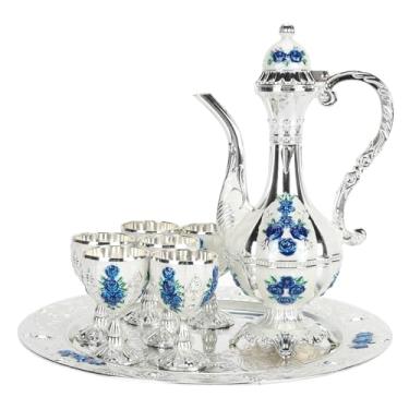 Imagem de Conjunto de bule de café turco, pequeno, vintage, de metal, taças de vinho, conjunto de chá turco, conjunto de bule de chá de luxo com 6 xícaras de café e bandeja de chá para festa de casamento em