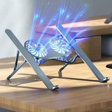 Imagem de Suporte para tablet, suporte plano com luz LED azul, 2 ventiladores para rápida dissipação de calor, rotação de 720 graus e altura ajustável (720 graus com luz - cinza)