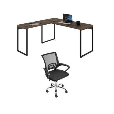 Imagem de Conjunto Escritório 1 Mesa em L Industrial 150cm Kuadra 1 Cadeira de Escritório Diretor Tok Nogal