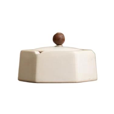Imagem de Cinzeiro com tampa cerâmica poligonal para sala de estar, escritório, mesa de café, ornamentos de mesa de café, suporte de cinzas (branco)