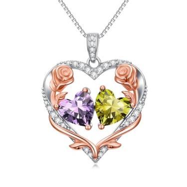 Imagem de Zoeniya Colar de coração rosa, presente para mulheres, banhado a ouro branco 18 k, pedra do mês de nascimento de 12 meses, presente de aniversário e Natal para sua esposa, namorada, 25mm, base