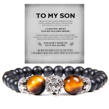 Imagem de DIOWUS The Guardian - Pulseira masculina de proteção para os olhos de tigre do filho, To My Son, da Mom Pedra Natural Leão com contas pretas de aço inoxidável, joia presente para aniversário e Natal