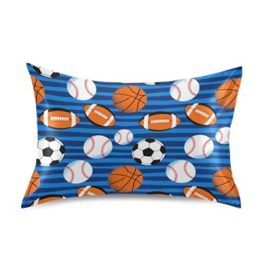 Imagem de Bolas de futebol capas de almofada azuis fronha de seda para cabelo e pele macia e suave almofada de cetim refrescante tamanho padrão para quarto mulheres meninas meninos, 50 x 66 centímetros