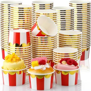 Imagem de Willinglong 100 peças de copos de sorvete de papel listrados vermelhos para festa de carnaval de Natal, 160 ml, tigelas de sobremesa, tigelas de papel para lanches de papel para alimentos frios ou