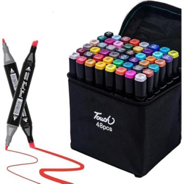 Imagem de Kit Conjunto de Canetas Marcadoras Artísticas, 48 Cores, Pontas Duplas com Estojo, Ideal para Desenho e Colorir
