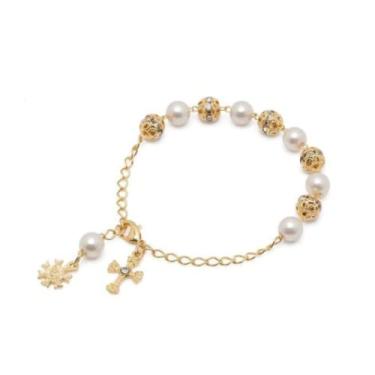 Imagem de Pulseira Dezena Perola 8mm Strass Dourado