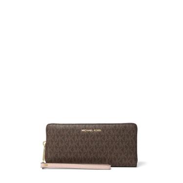 Imagem de Michael Kors Jet Set Travel Continental, ferragens douradas/Sarja revestida com assinatura MK/marrom/rosa suave