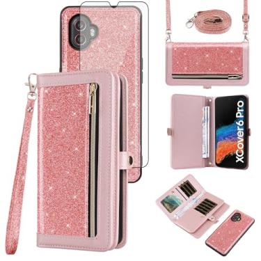 Imagem de Asuwish Capa carteira compatível com Samsung Galaxy XCover 6 Pro/X Cover Pro 2 e protetor de tela de vidro temperado com glitter flip capa com zíper porta-cartões para celular para XCover6 6Pro 2022
