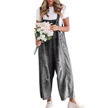 Imagem de Macacão feminino Chouyatou, macacão jeans, cinza envelhecido