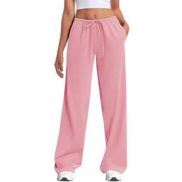 Imagem de Calça de moletom feminina HeSayep, perna larga, cintura baixa, rosa, S