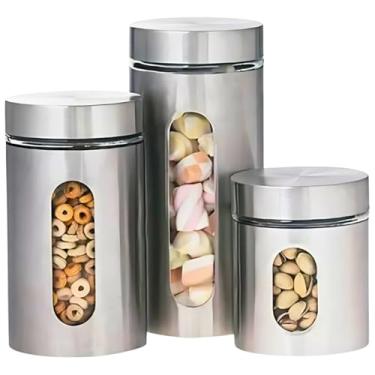 Imagem de Jogo 3 Potes Porta Mantimentos Aço Inox E Vidro Hermético