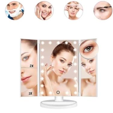 Imagem de Espelho de Maquiagem Triplo Dobrável com LED Ajustável e Ampliação 2x 3x Portátil Branco Penteadeira Mesa Banheiro Quarto Casa