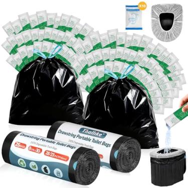 Imagem de Conjunto de sacos sanitários portáteis atualizados, sacos de sanita para acampamento com cordão de 8 galões com gel absorvente portátil e assento de vaso sanitário descartável, sacos de penico