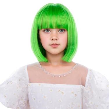 Imagem de Edivd Peruca infantil verde neon bob peruca curta verde brilhante reta perucas meninas bob perucas com franja resistente ao calor cabelo sintético com touca