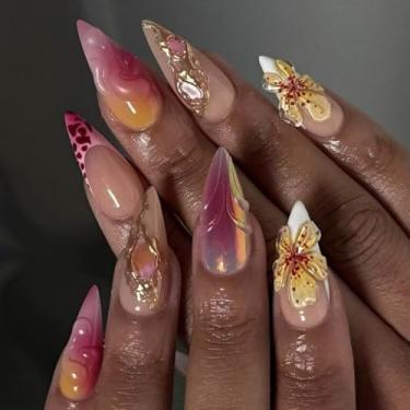 Imagem de Unhas postiças longas de estileto, unhas falsas francesas, ombré, unhas artificiais com desenhos de flora 3D, prensas de unhas de acrílico, glitter, 24 peças