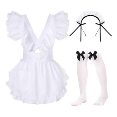 Imagem de Yymobt Avental de empregada doméstica retrô ajustável com babados, conjunto de meias francesas para encenação de Halloween