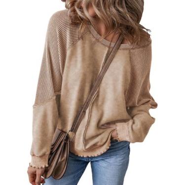 Imagem de Moletom casual SHEWIN com gola redonda em waffle para mulheres, cáqui