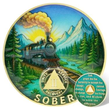 Imagem de Leafence Moeda AA Sobriety Alcoólicos Anônimos Chip de Recuperação com Oração Serenidade, Design de Trem e Montanha Medalhão Token AA para Presente de Sobriedade do Programa de 12 Passos (Moeda de