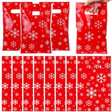 Imagem de GliCraft 100 unidades de sacos de presente de floco de neve de Natal com alça de plástico vermelho sacola de presente de Natal a granel para festa de Natal, petisco, embrulho de presente de casamento