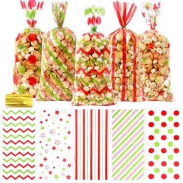 Imagem de Sacos de guloseimas de Natal, sacos de guloseimas de celofane vermelho e verde, 100 peças, saco de presente de biscoito de plástico vermelho e verde com laços torcidos para lembrancinhas de Natal