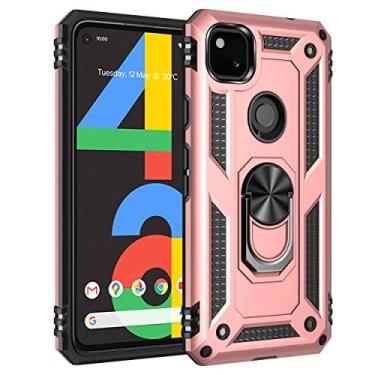 Imagem de SORAKA Capa para Google Pixel 4a com suporte de anel de metal, capa à prova de choque, borda de silicone macio, capa traseira rígida de policarbonato com placa de metal para suporte magnético de