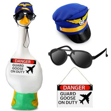Imagem de SilTriangle 3 peças de roupas de ganso de varanda de 58 cm da polícia aérea roupas de ganso acessórios de aviso de guarda de serviço decoração chapéu de polícia aérea óculos aviso de madeira para