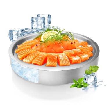 Imagem de Bandejas de servir geladas de aço inoxidável de 24 cm para recipientes de festas, bandeja de gelo redonda dourada para alimentos, tigelas de buffet, bandeja para servidor, gelo, legumes, frutas