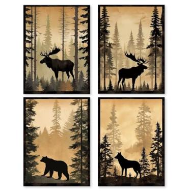 Imagem de PUHEI Conjunto de 4 impressões de arte de parede de animais selvagens, acampamento, caça, decoração rústica, pôsteres de arte de parede de urso, lobo alce, decoração de parede de cabana, decoração de