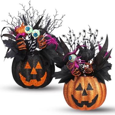 Imagem de Giegxin Pacote com 2 peças centrais de mesa de Halloween, flores artificiais, abóbora com aranha e globo ocular, decoração de mesa de Halloween para casa, cozinha, interior, exterior, festa assombrada
