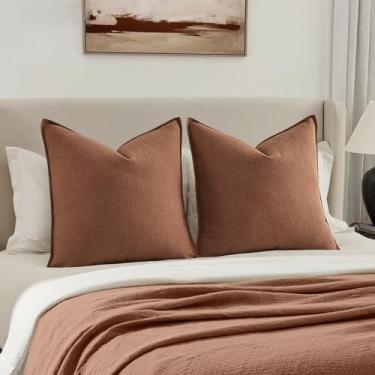Imagem de MIULEE Capas de almofada decorativas Euro Sham 66 x 66, pacote com 2 almofadas grandes Boho Farmhouse Neutral para cama, capas de almofada de linho modernas com detalhes macios para sofá, sala de