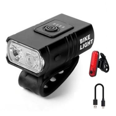 Imagem de Mooyude Luzes de bicicleta para andar à noite, farol de bicicleta recarregável por USB, farol de bicicleta à prova d'água e luz traseira, ciclismo off-road MTB, deslocamento preto