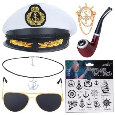 Imagem de Beelittle Conjunto de acessórios de fantasia de capitão de iate chapéu de marinheiro com adereço de capitão e óculos de sol de aviador (M)