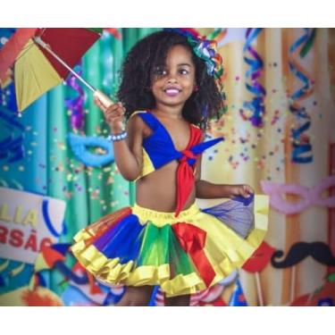 Imagem de Fantasia Frevo Carnaval Infantil, Conjunto Cropped e Saia Tutu Multicores, Vermelho, Azul, Verde e Amarelo, Folclore,Tam PP - 4 anos