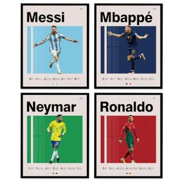 Imagem de Pôster de futebol 20 x 25 cm emoldurado em tela conjunto com 4 - Messi, Ronaldo, Mbape e Neymar, famoso pôster de superestrela do futebol, decoração esportiva para quarto de meninos, arte de parede