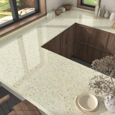 Imagem de Wallderful Papel de contato de granito bege para bancadas papel de parede de granito amarelo brilhante autoadesivo à prova d'água Papel de contato de terraço para banheiro cozinha armários de mesa